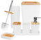 Dadabig Accesorios de Baño de Bambú, Juego de 7 Accesorios de baño, Dispensador de Jabón, Soporte para Cepillos de Dientes, Vaso de Enjuague y Jabonera (Blanco)