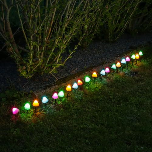 LED Lichterkette Mini Pilze 20 Gartenstecker mit Erdspießen bunte Deko Pilze Gartendeko 8 Modi mit Timer L: 3,8m (Bunt)