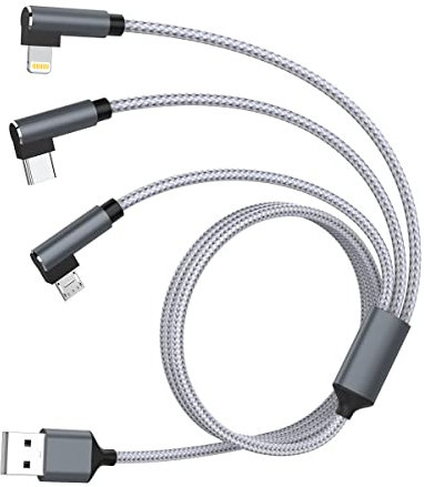 iPhoone 3 in 1 Nylon Braided Charging Cable - 1.8m, 90 Degree, USB Type C, Micro, iPhoone Connector for iPhoone15/15 Pro/14/13/12/11, Android, Samsung, Huawei, Nokia, Sony