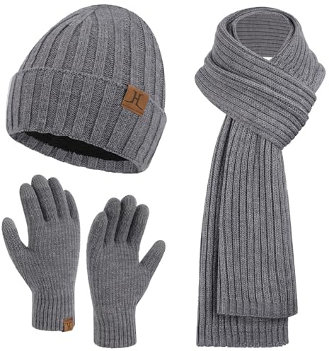 ZASFOU Herren Winter Mütze Schal Touchscreen Handschuhe Set Thermo Beanie Wintermütze Strickmütze Winterschal Winterhandschuhe Geschenk für Männer
