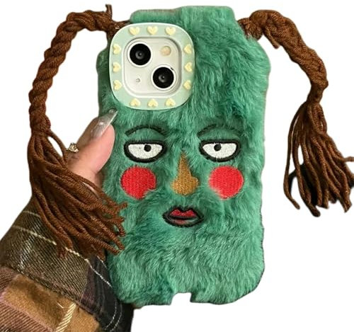 HEVANCIE funny phone case Cartoon Plush Soft Phone Case for iPhone 15 14 13 12 Pro Max 11 Cute Funny Ugly Blush Braids Girl Face Hair Back Cover-For iphone 15-A
