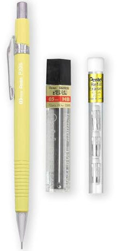 Pentel P205-97C Porte-mine automatique – Gamme Pastel Floral – Simple + 12 mines HB Hi-Polymer 0,5 mm + Tube de 4 recharges pour gomme Z2-1N (jaune pastel)