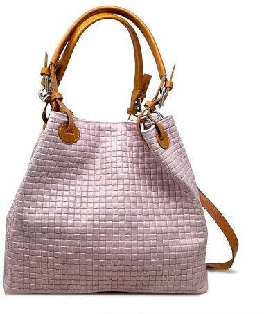 Chicca Borse Borsa a Mano Stampa Intrecciata da Donna con Tracolla in vera pelle made in Italy - 34x29x18 Cm (Rosa Antico)