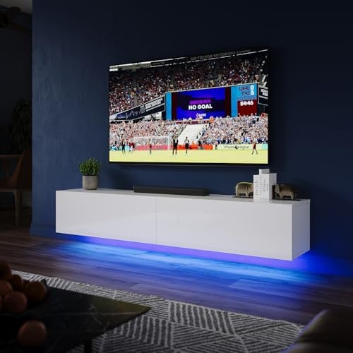 ZANOFIRA Floating TV Unit Stand with RGB LED Lighted, High Gloss TV Stand with Pull-Down Door, Modern Wall Mounted TV Cabinet with Storage Shelves for Living Room, 1400x240x270mm, White