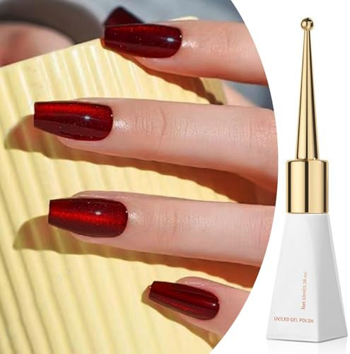 Dark Red Cat Eye Gel Nail Polish Red Glitter Cat Eye Gel Polish Cherry Red Magnetic Gel Nail Polish Soak off UV/LED Holographic Cat Eye Gel Nail Polish for Nail Art Manicure Salon DIY at Home
