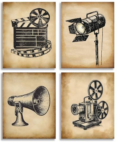 ERTOSKA Vintage Movie Cinema Wall Art, Set of 4 Classic Film Equipment Sketches Canvas Prints, Home Theater Decor, 8x10 Inch Unframed