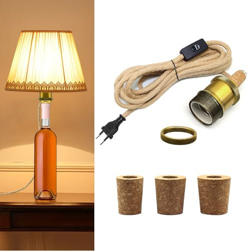 Portalampada per Bottiglia con Interruttore, E27 Portalampada con 240CM Corda di Canapa Cavo e 3 Tappi di Legno, Adattatore per Lampada a Bottiglia, Lampada da Tavolo per Bottiglia di Vino