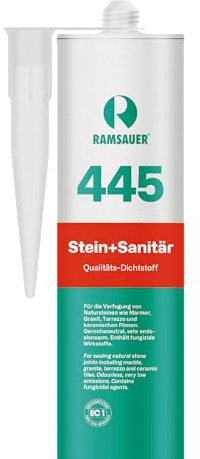 RAMSAUER 445 Stein + Sanitär - 310ml Kartusche (Transparent), geruchsneutrales Silikon für Stein & Fliese, Sanitärbereich, Küche & Reinräume, hervorragende Haftung