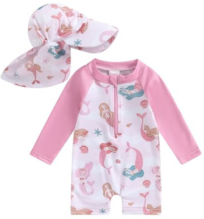 Carolilly Maillot de Bain Bébé Fille Anti-UV Manches Longues Tenue de Natation Imprimé Sirène+Chapeau de Soleil (Rose, 12-18 Months)