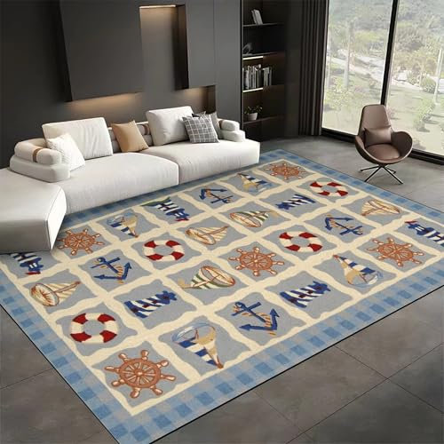 SMXVRC Nautisches Thema Teppich für das Wohnzimmer, 140x200cm, KüSte Anker Ruder Leuchtturm FläChenteppiche für Schlafzimmer, Maschinenwaschbar Weich Kurzflor Kinderteppich für Esszimmer Heim