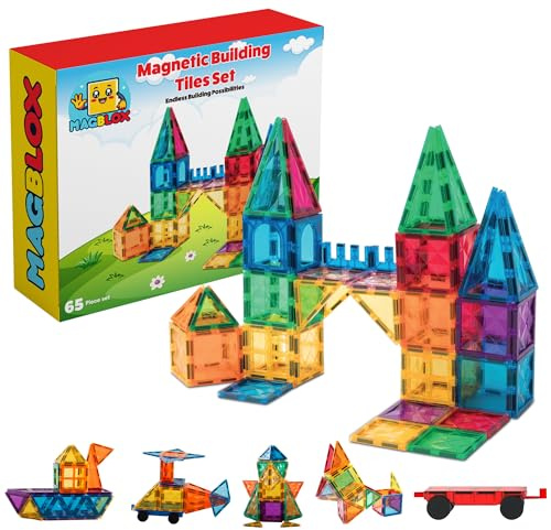 Magblox Magnetic Tiles 65 Piece Stem Building Blocks Set Age 3 To 11 | magnetic building tiles, stem learning toy, creative construction play
