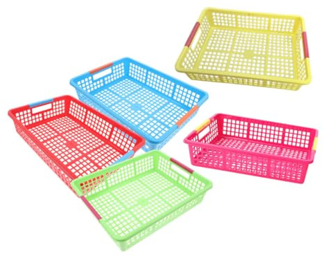 Ipetboom 5pcs Stackable Colored Plastic Storage Baskets for Classroom and Office Multi Purpose Organizer Trays in Red Yellow Green Blue PP Material for Files Fruits Snacks