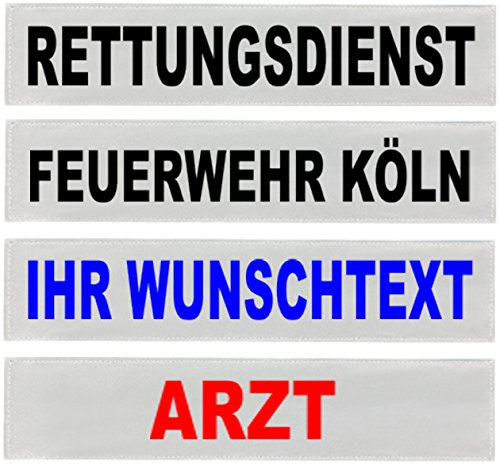 Reflexschild Rückenschild silber matt reflektierend mit Wunschtext 38x8cm, 42x8cm, 30x5cm Wunschtext individuell wie RETTUNGSDIENST FEUERWEHR NOTARZT etc. (42x8cm)
