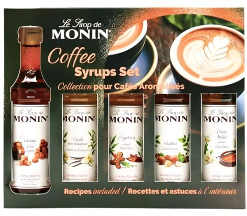 Monin Coffee Syrup Gift Set – 5 x 5cl Mini Bottles –, Vanilla, Caramel, Hazelnut, Crème Brûlée & Gingerbread – Flavoured Syrups for Coffe, Hot Chocolate & Baking – Gift for Coffee Lovers