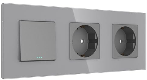PULSAR Doppelsteckdose mit Lichtschalter 3 Fach Grau Glas, Schalter/Steckdose Unterputz Doppelt, Ein-Ausschalter/Wandsteckdose x 2