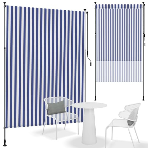 Suusolny Store vertical 200 x 310 cm - Rayures bleues et blanches - Avec manivelle - Brise-vue sans perçage - Store vertical - Résistant aux intempéries et aux UV - Store extérieur - Étanche - Pour