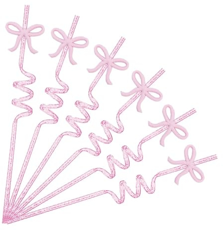6PCS Pink Bow Curly Straws, Pink Bow Glitter Party Straws, Elegant Plastic Straws Reusable for Adults Birthday Party Family Reunion Decorations Supplies