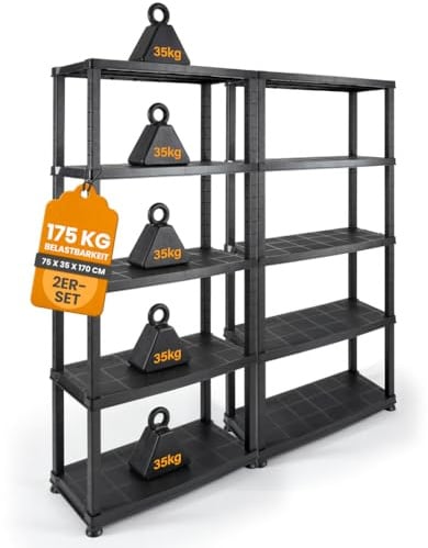 Kreher® Kunststoffregal „Evo“ mit 5 Böden - Steckregal für Haushalt, Keller & Garage - Standregal, Lagerregal & Aufbewahrungsregal - Schwarz oder Grau - Set auswählbar (Schwarz, 2)