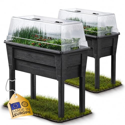 Ondis24 Garten Hochbeet Blumenkübel Victoria für Balkon, Pflanzkasten mit Gewächshaus, Volumen 50 L, Wasserspeicher, Tröpfchenbewässerung, abnehmbare Füße, Outdoor geeignet (2, Anthrazit)