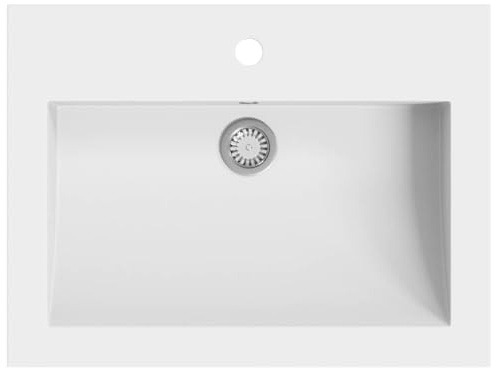 Piscina de granito 600 × 450 × 120 mm Blanco | Con rebosadero, orificio de grifo de 35 mm, superficie esmaltada, fácil de limpiar