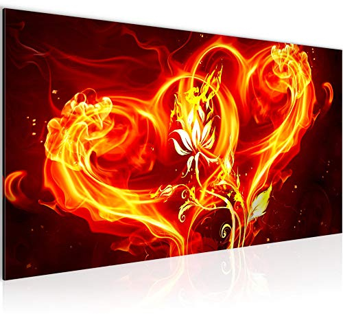 Runa Art Wandbild Feuer Herz 1 Teilig 100 x 40 cm Modern Bild auf Vlies Leinwand Feuerblume Flamme Wohnzimmer Rot 102212a