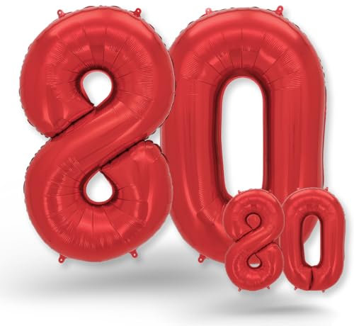 FUNXGO® folienballon 80 rot - 2 Stück - 42 & 17- luftballon zahl 80 - Zahlen rot Ballon 80 Deko zum Geburtstag, Hochzeit, Jubiläum oder Fest, Party Dekoration -100cm & 38cm- ballon rot 80