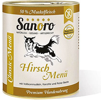 Sanoro Menü Classic Hirsch mit 50% Fleischanteil - Premium Hundefutter in Teil-Bio-Qualität - Hirsch mit Bio-Vollkornnudeln, Bio-Karotte und Bio-Roter Beete - singleprotein (6 x 800g).