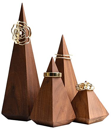 GemeShou 4 espos. anelli gioielli marroni vend., porta-anelli conico legno, org. cons. anelli gioielli, dec. perf. stanza att. online【Piramide legno noce4 pezzi】
