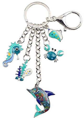 WEVENI Cute Dauphin Porte-clés Hippocampe Porte-clés Crabe Charms Coquillage Bijoux pour Femme Filles Océan Cadeaux (Bleu)