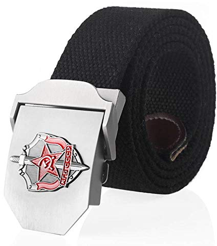 Leinwandgürtel,Mode Männer Frauen Leinwandgürtel 3D Sowjetischer Ruhm KGB Metallschnalle Militär Männer Jeans Gürtel CCCP Army Taktische Gürtel Unisex Outdoor Casual Wilder Bund, Schwarz, 100