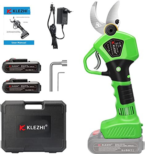 K KLEZHI Forbici Potatura a Batteria 40mm, Forbice Elettrica per Potatura Professionale con 2x2Ah Batterie ricaricabili 21V, 6-8 ore di lavoro - Verde