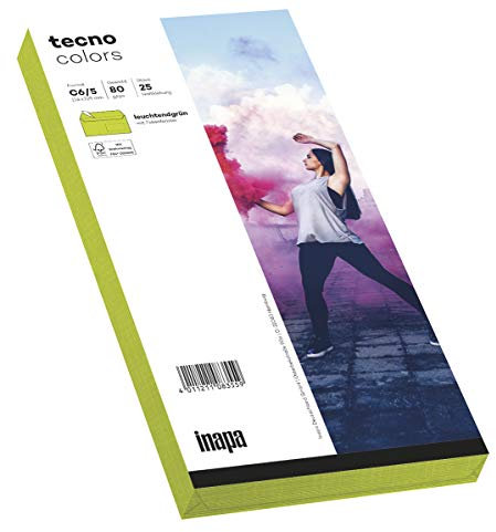 inapa Briefumschläge tecno Colors - DIN-C6/5 (114 x 229), 80 g, leuchtend-grün, haftklebend, mit Fenster, 25 Stück
