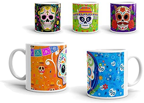 CAPRILO Lote de 4 Originales Tazas Desayuno de Cerámica Catrina- Calaveras Mexicanas. Recuerdos. Vajillas. Regalos para Fiestas, Navidad, Reyes, Bodas, Bautizos y Comuniones.DC