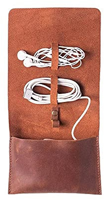 INCARNE Leather Tech Organizer Travel Case - Pouch Cable Organizer - Cord Organizer Roll Case, Vintage Cognac