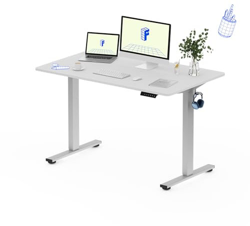 FLEXISPOT Höhenverstellbarer Schreibtisch 140×80cm, mit Haken und 25mm EINTEILIGER Tischplatte, ergonomischer Schreibtisch mit LED-Höhenanzeige und Memory-Funktion (Weiß, Grau)