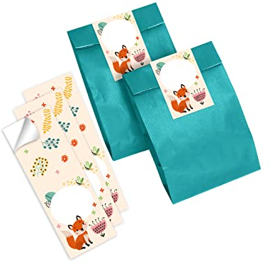 12 Geschenktüten (Petrol) + 12 Aufkleber Fuchs für Mitgebsel Gastgeschenk beim Kindergeburtstag Mädchen Jungen