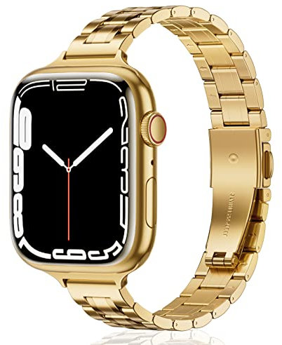 HEKAI Metal Straps Compatible with Apple Watch Strap 44mm 45mm 49mm 42mm, Slim Small Adjustable Stainless Steel Replacement Band iWatch Ultra Series 8/7/6/5/4/3/2/1,SE (42mm 44mm Gold)