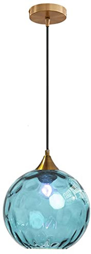 Euone_Clothes Suspension en Verre Ondulé Globe au Fini Doré, Lampe Suspendu de Plafond Industrielle Vintage E27 Suspension Luminaire de Cuisine & Salle à Manger - Bleu Clair