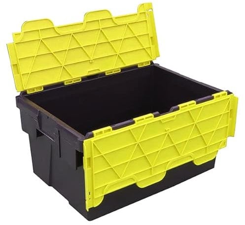 Pack of 5 - Plastic 55 Litre Heavy Duty Storage Box Tote Crates (60 x 40 x 30.6cm) Plastor Black with Yellow Attached Hinged Lids