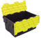 Pack of 5 - Plastic 55 Litre Heavy Duty Storage Box Tote Crates (60 x 40 x 30.6cm) Plastor Black with Yellow Attached Hinged Lids