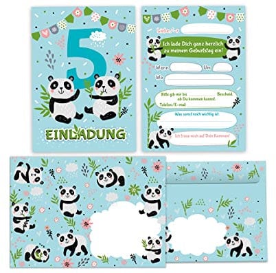 12 Einladungskarten incl. 12 Umschläge zum 5. Kindergeburtstag fünfte Geburtstag Mädchen Jungen Panda