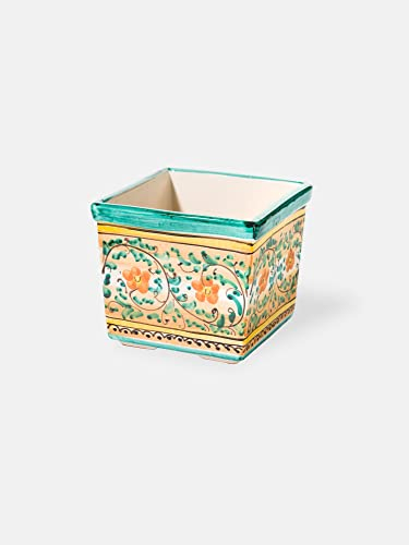 Terrecotte del Sole - Cassetta in ceramica siciliana originale decoro floreale verde acqua, giallo e arancione 15 x 15 x 12 cm, realizzata e decorata a mano.