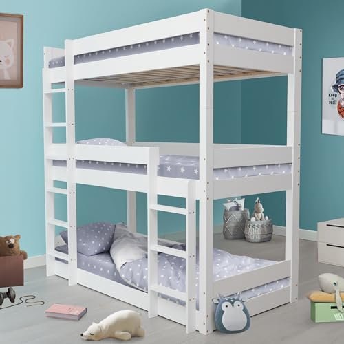 Blisswood Triple Bunk Bed With 3x Mattress Included, 3ft Wooden Bunk Beds With Ladder Triple Sleeper Bunk Bed, Solid Pine Wood Frame Single Triple Bed frame For Kids Children Home (White)