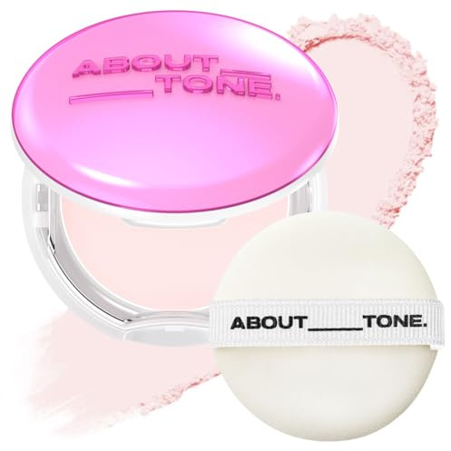 ABOUT TONE Glow Powder Pact 0.28oz - Shining Tone-Up Pressed Powder Compact with Mirror and Puff Natural Peach Pearl Shimmery Blur Finish Face Makeup Setting Finishing Transparent Sebum Control Vegan