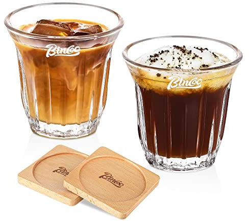 Bincoo Glas Kaffeetassen Espressotassen 2er Set, Klarglas Kaffeetassen mit Holzuntersetzern, 85 ml Glasbecher für heiße Getränke, Cappuccinotassen, Latte Tassen, Getränkegläser hitzebeständig