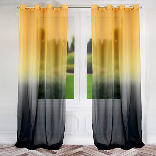 Flying Deko-Gardinen mit Ösen | Zarte Schattierte Gardinen für Schlafzimmer Kinderzimmer Wohnzimmer Küche | Schöne Zimmerdeko aus Voile Tüllstoff 2 Stück 145 x 250 cm gelb-schwarz