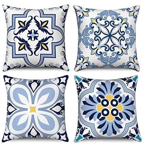 Hnmdmyi Kissenbezug Boho 40x40 4er Set, Blau und Gelb Retro Geometrisch Mandala Floral Dekorative Kissenbezüge Quadratisch Leinen Kissenhülle für Sofa Couch Bett Garten Outdoor Home Decor