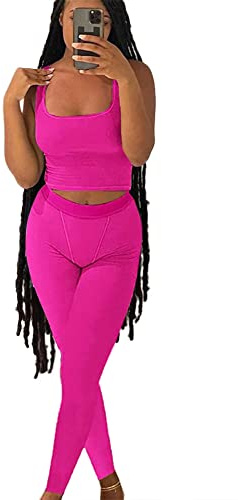 ZFLM Set di allenamento casual a due pezzi per le donne canotta a coste crop top a vita alta leggings da yoga abbigliamento attivo, Fucsia, Small
