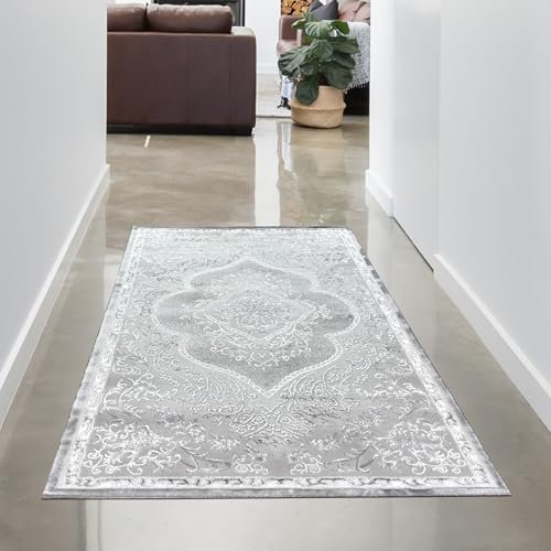 CARPETIA Vorleger Orientteppich mit Verzierungen • Hoch-Tief-Effekt • glänzend Silber grau-beige, 80 x 150 cm