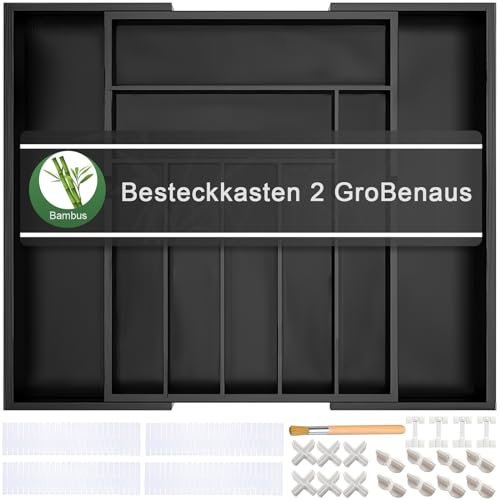 TAVADA Besteckkasten,Besteckeinsatz,Erweiterbarer Utensilienhalter für Schublade,Größenverstellbarer Schubladeneinsatz,mit 9 Fächern,Kitchen drawer organizer für Besteckaufbewahrung, Bambus,Tray